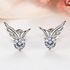 925 Sterling Silver Crystal Angel Wing Stud Earrings Women Girls Jewellery Gift