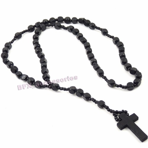 BLACK WOODEN ROSARY BEAD NECKLACE CROSS 