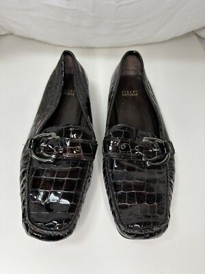 Stuart Weitzman Patent Leather Brown Croc Embossed Square Toe Loafer Flat W10