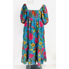 Farm Rio Toucans Garden Floral Print Midi Dress Blue Size S Oversized New W Tags