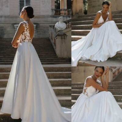 Brautkleid Hochzeitskleid V-Ausschnitt A-Linie Leckage Zurück Weiß Ivory - Bild 1 von 4