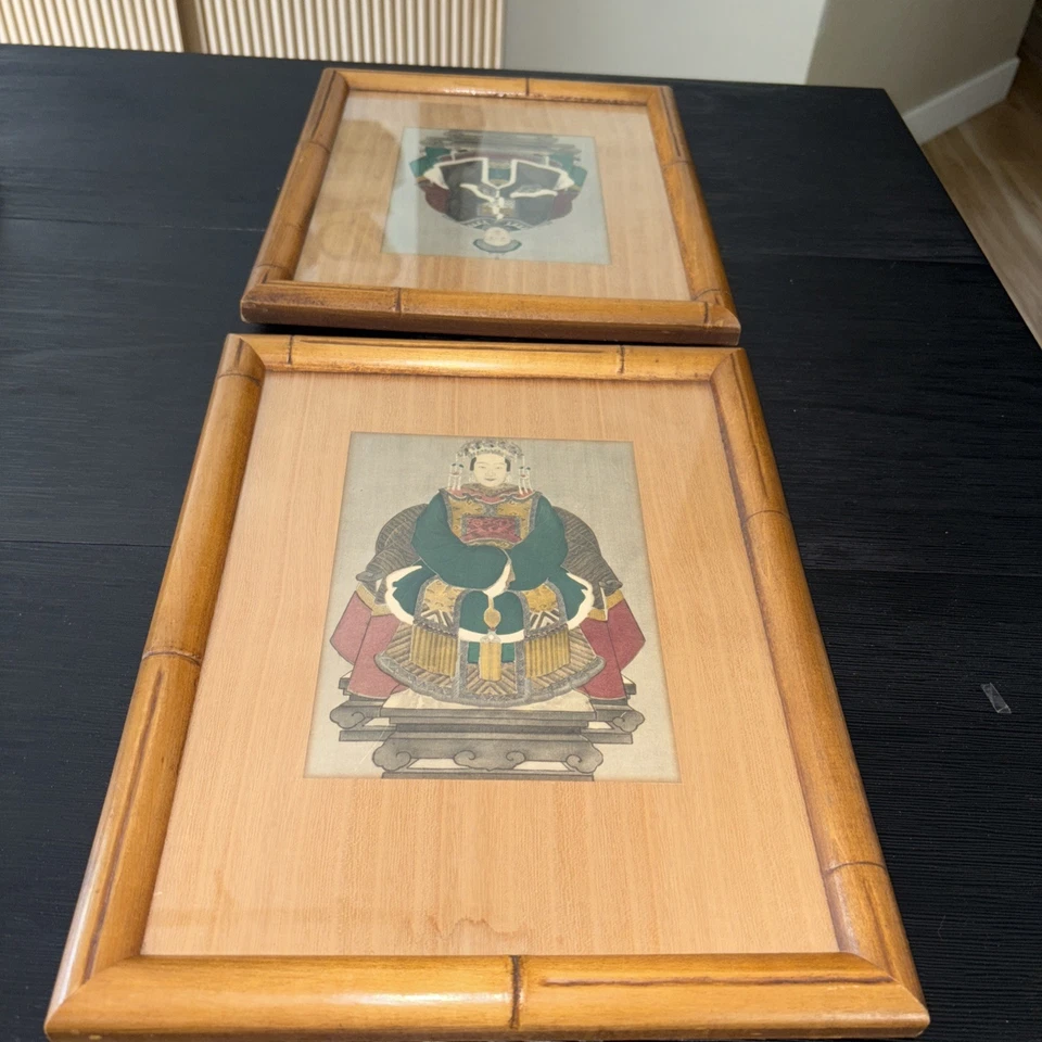 Par de retratos de antepasados chinos de la dinastía Gongbi Qing a juego de finales del siglo XIX Foto 3 de 4