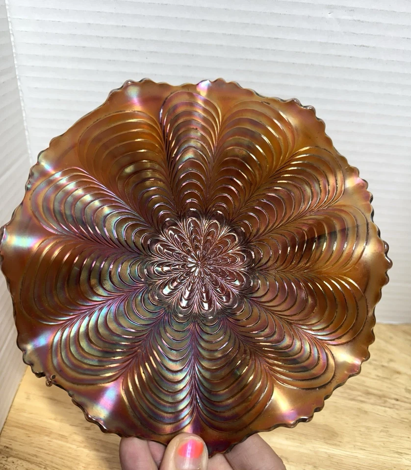Vintage Fenton Peacock Tail Carnival Glass Bowl Ruffled Edge Iridescent - Image 2 of 4