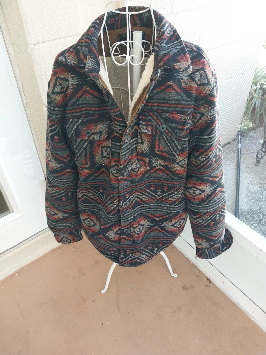 Jachs New York Jacket Mens Medium Multi color Button Up Sherpa Fleece Wool Aztec
