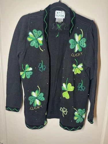 Quacker Factory Womens Saint Patrick's Day Shamrock Cardigan medium Black Knit
