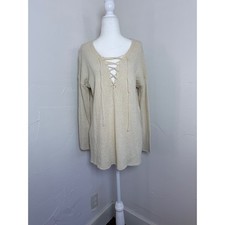 ASTR The Label Cream Lace Up V Neck Sweater Oversized Boho Tunic Small Nautical
