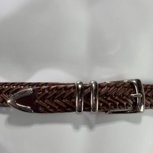 PERRY ELLIS Portfolio Mens Brown Braided Leather Belt Silver-Tone Buckle & Loops - Picture 2 of 11
