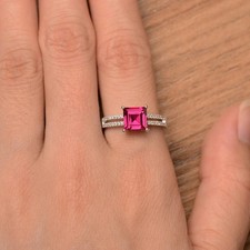 925 Sterling Silver Minimal Pink Ruby Lab Created Gemstone Women Ring Duty Free