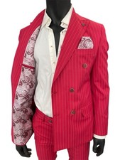 Designer Zweireiher Doppelreiher Herrenanzug Rot Nadelstreifen Slim Fit 56