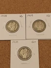 1908 VG, 1909 VG, and 1910 G+ Silver Barber Quarters, Undamaged