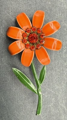 Orange Flower power  Brooch with Orange Rhinestone and Green Stem C1248