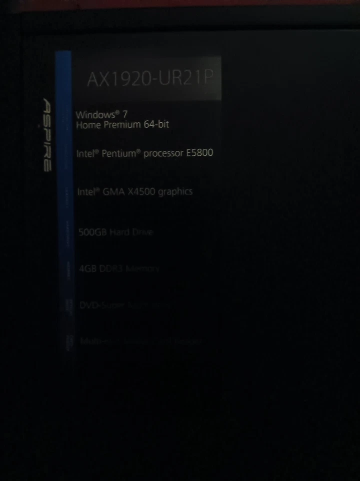 Acer Aspire AX1920-UR21P Desktop OLD GAMING  Pentium E5800 GMAX4500 Graphics  - Image 2 of 4