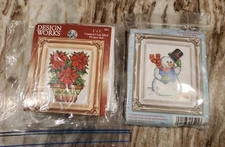Lot Of 2 Design Works Cross Stitch Picture Kits Snowman Poinsettia *READ DESCRIP