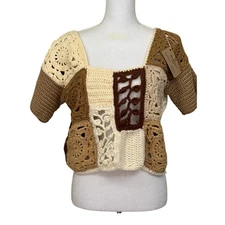 Granny crochet sweater vest, chocolate brown/cream/tan, NWT, artisan, eclectic