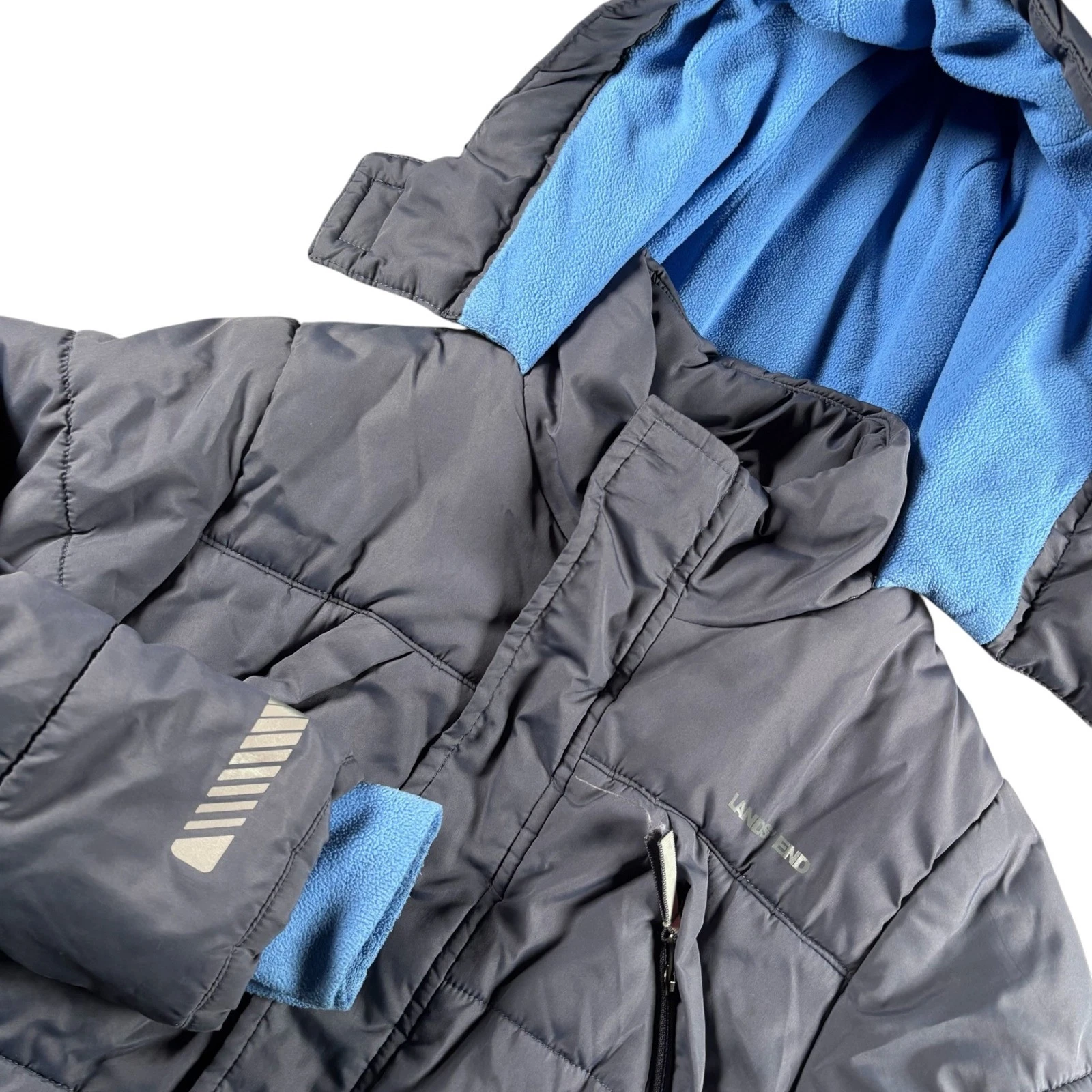 Lands End Puffer Jacket Kids Sz 10-12 Blue Lined Hooded Insulated warm snowboard