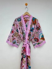 Pink Floral Cotton Kimono Robe, Handmade Printed Wrap Dressing Gown, Boho Kimono