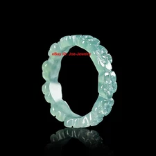 Natural Blue Green Jade Jadeite Flower Ring Band 5mm Width Size 7-8