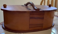 Vintage sewing box. Oval, wood, 1950&rsquo;s or 1960&rsquo;s. Dual compartments, hinged lids