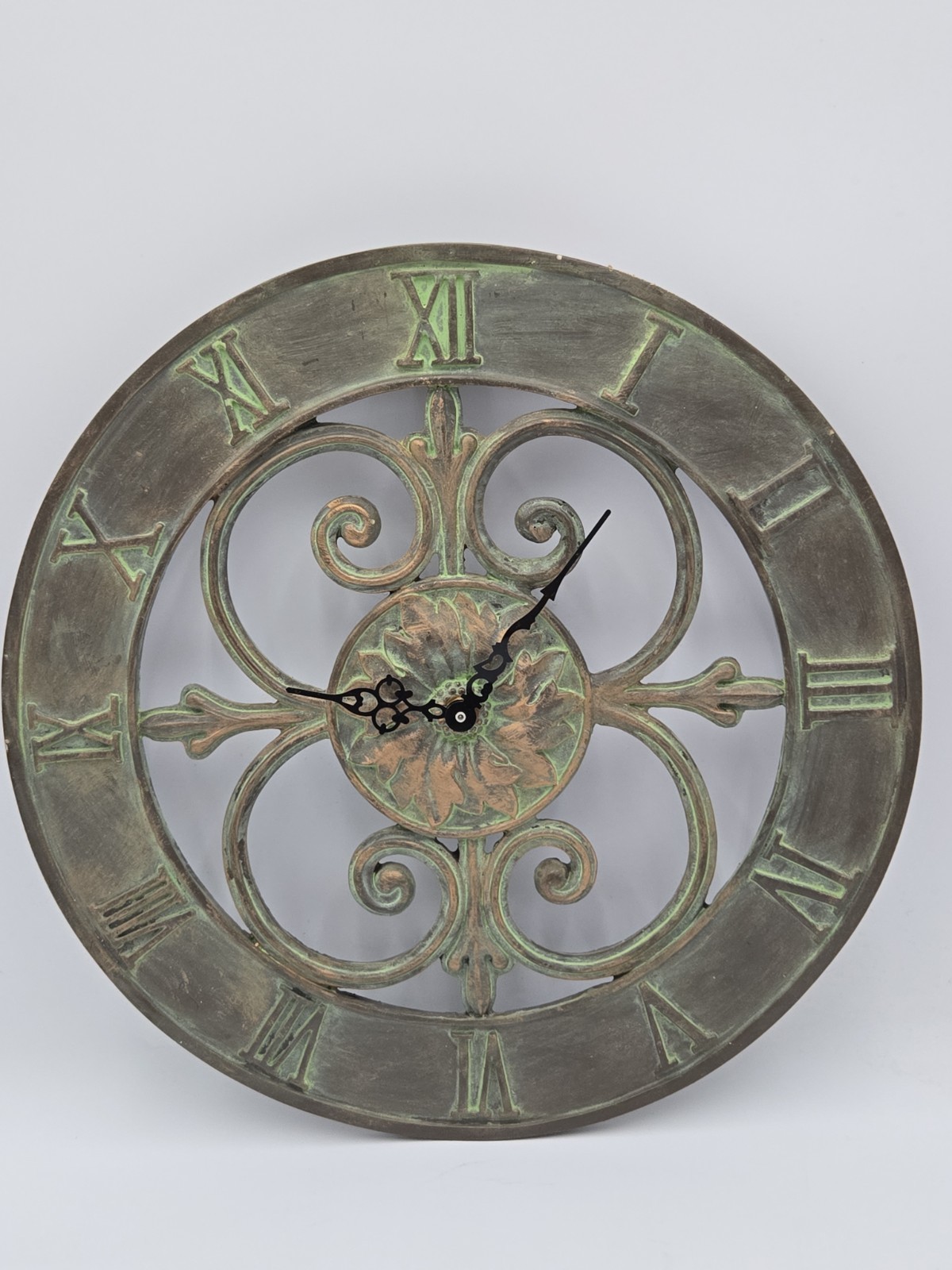 Large Vintage Style Roman Numeral Wall Clock Green Patina Scroll Design 14"