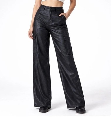 Massimo Dutti Women s Coated Wide Leg Carpenter Pants 2 High Waist Leather Look