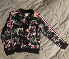 Adidas Girls Zip Up Jacket Pink /Black Floral Sz 10/12 Athletic Track Sports