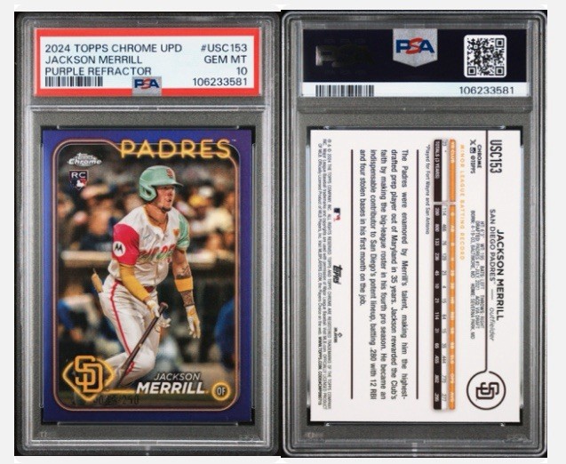 2024 TOPPS CHROME UPDATE PURPLE REFRACTOR #USC153 JACKSON MERRILL RC /250 PSA 10