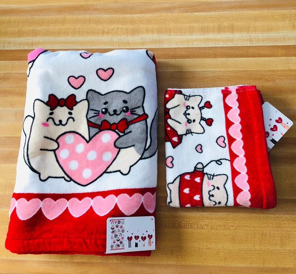 Nuevo con etiquetas Juego de toallas de baño mano 100 % algodón gato gatito corazón beso amor regalo de San Valentín Foto 3 de 4