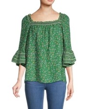 New $98 MAX STUDIO Floral Boho Ruffle Blouse Top Bell Sleeve Trim Shirred Green