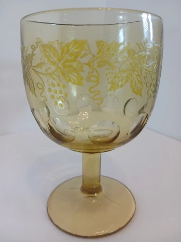 Vintage Amber Pedestal Glass Mug Goblet💛Grape Leaves🍇🍃 Design