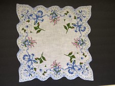 Vintage Floral Handkerchief - Blue Daffodils Petunias Iris Lilly of the Valley