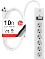 6-Outlet Sur Protector, 10 Ft Extension Cord, Power Strip, 800 Joules, Flat Plug