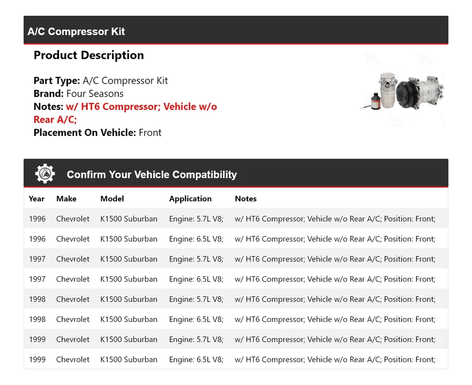 Комплект переднего компрессора кондиционера для Chevrolet K1500 Suburban 1996-1999 годов выпуска 4 сезона 1997 - Изображение 2 из 4