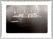 Vtg B&W Snapshot Group Of Women Sitting At Formal Dinner Table Candles Circa