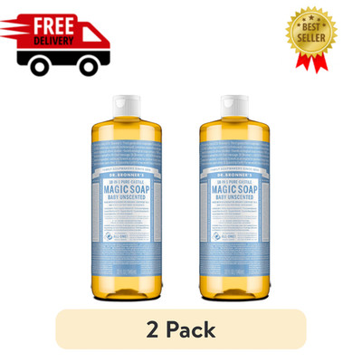 Dr Bronner's Pure Castile Liquid Soap Baby Unscented 32oz All Ages, 2 Pack