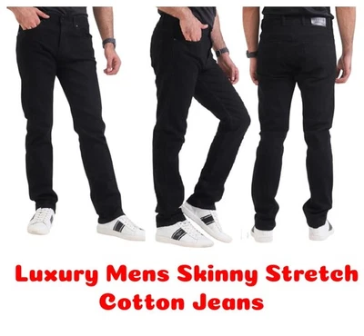 THREEFOLD STORE Mens Slim Fit Jeans Skinny Stretch Flex Heavy Black Trouser Pants All UK Sizes