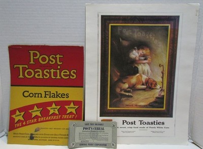 1940's Post Cereal items: Cereal Box Front, Ad, Institution Product Certificates