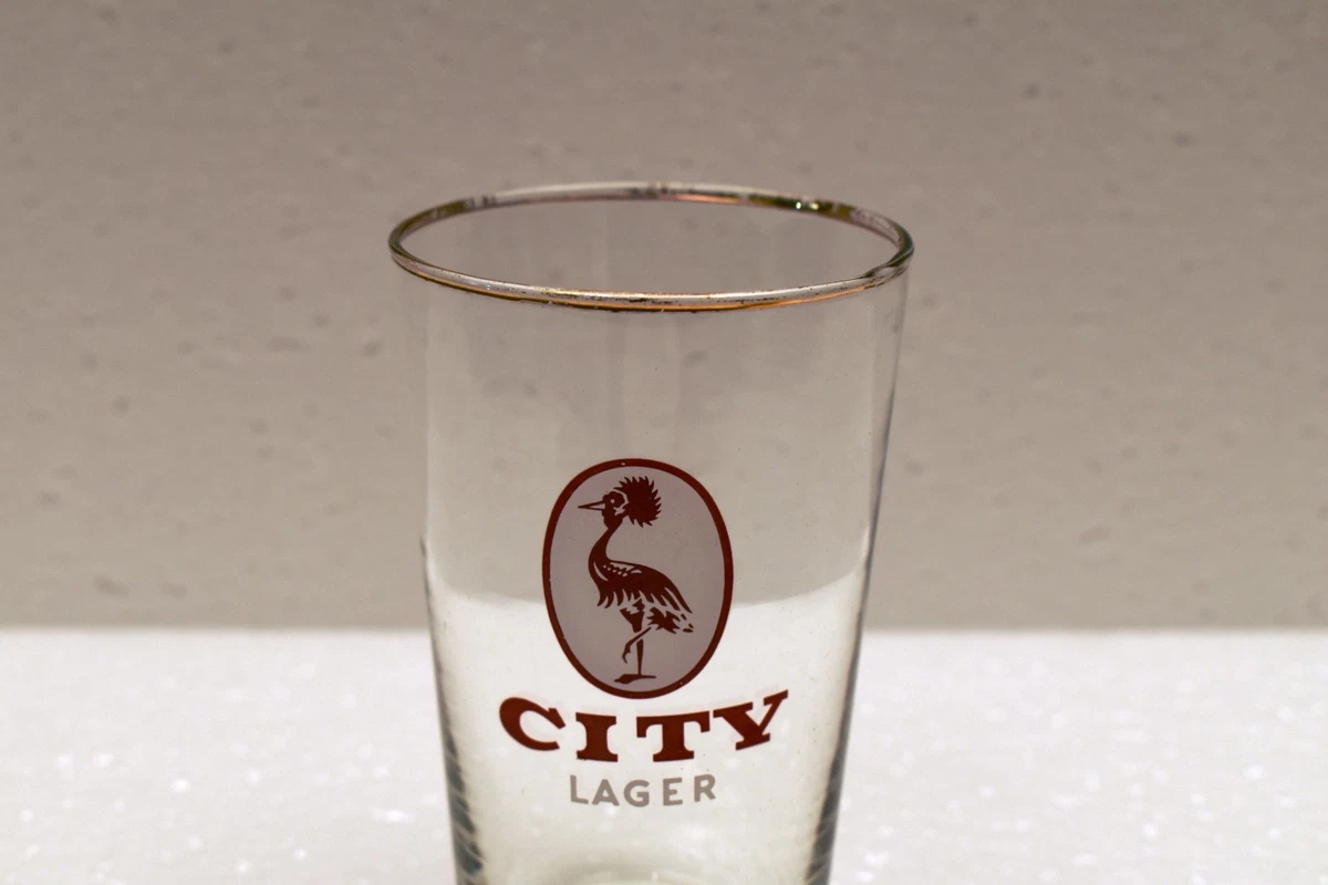 Vintage City Lager Brewery Beer Tumbler Crane Bird Logo Retro Pub Glass 1970s"R3