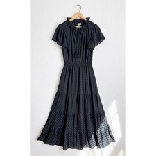 Max Studio Black Polka Dot Chiffon Tiered Midi Dress Ruffle Neck Tassel Small