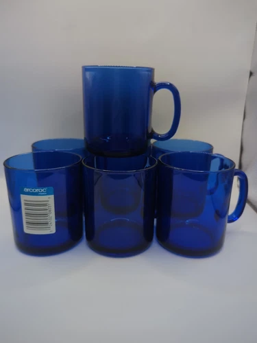 Arcoroc Glass Set of 7 Coffee Tea Mugs Cobalt Blue Made in France #13 With Label