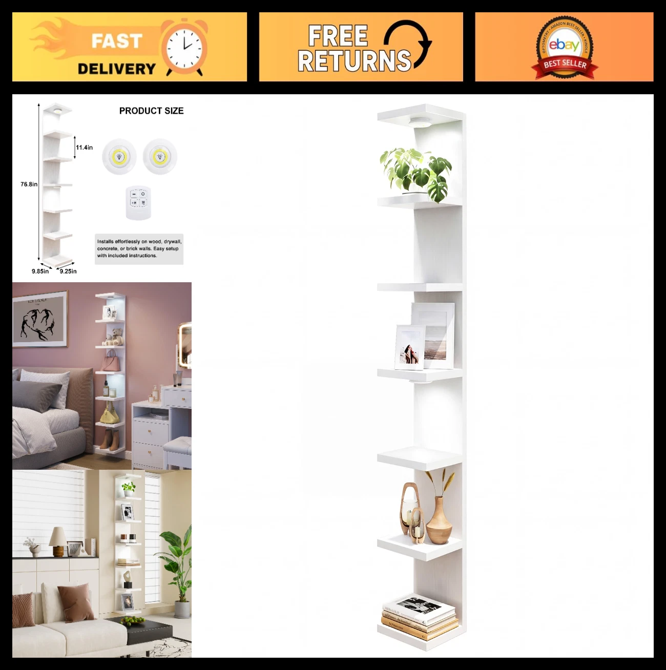 7-Tier Floating Wall Shelf Unit with LED Lights - Modern Home Organizer Display,