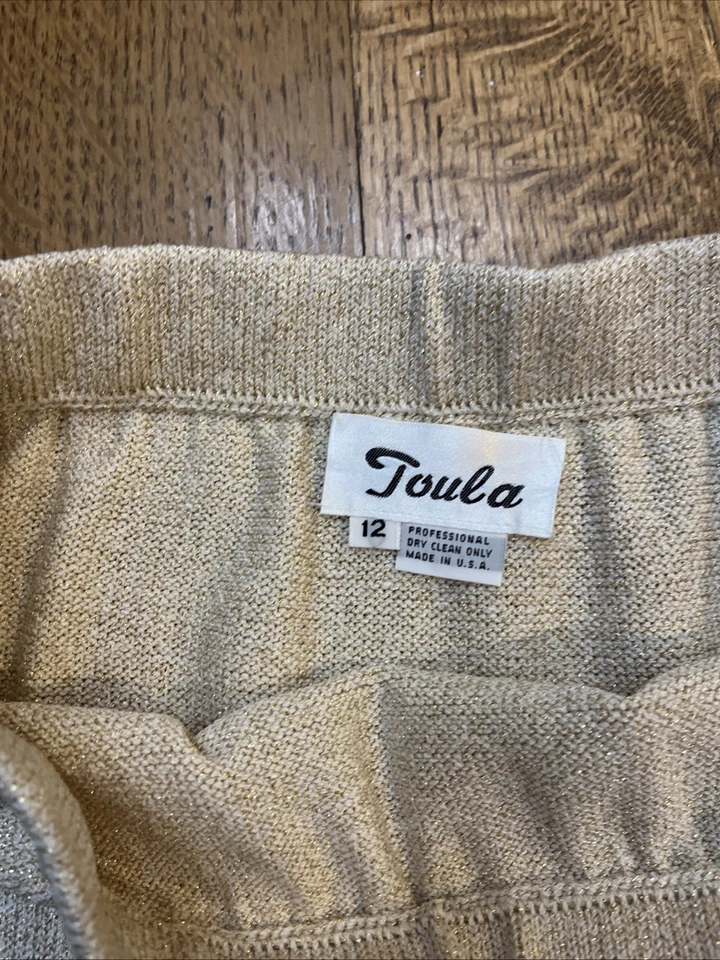 Falda de lana tejida Toula Santana metálica dorada hasta la rodilla vintage, para mujer talla 12 Foto 4 de 4