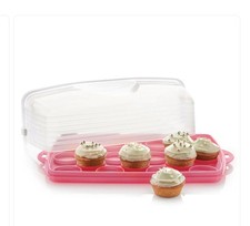 New Pink Tupperware Bake N Take 18 Cupcake  Rectangle Cake Carrier Taker Holder