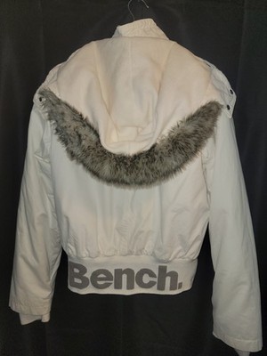 Y2K Bench Brand White Parka Puffer Ski Snow Jacket Coat Short Faux Fur Hood 