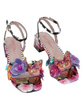 Betsey Johnson Maranda Black Multi Floral Butterfly Applique Block Heel Sz 8M