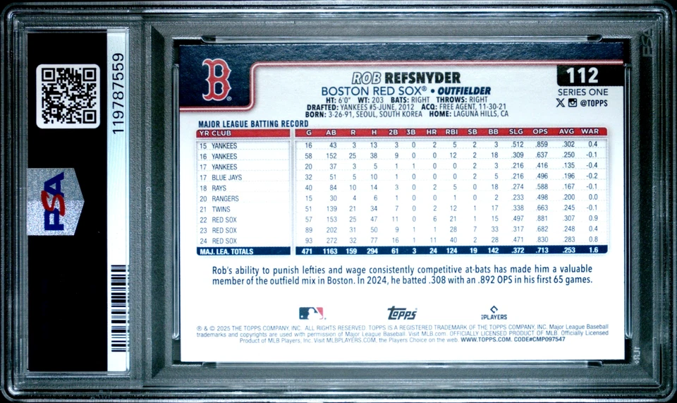 Topps Rob Refsnyder #112 2025 (lámina de diamante) PSA 8 como nuevo (baja población: 1) Foto 2 de 2