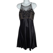 VTG Fredericks Of Hollywood Beaded Satin Cocktail Dress Womens 7 Black Mesh NEW