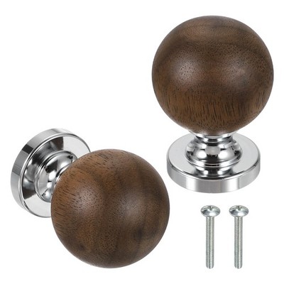 2 Pcs Round Wood Cabinet Knobs, Brown Silver, 30x42mm/1.2x1.7inch (DiaxH)
