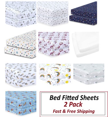 2er Pack Kinderbett Bett Spannbettlaken - weiche pflegeleichte robuste Babybettwäsche mehrfarbig