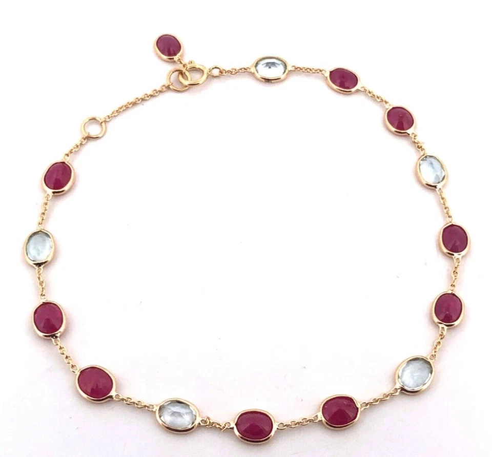 Bracciale in oro giallo massiccio 18kt con rubini naturali e acquamarina deli... - Immagine 3 di 3