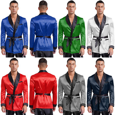 DE Bademantel Herren Kurz Leicht Satin Langram Kimono Robe Gürtel Nachtwäsche